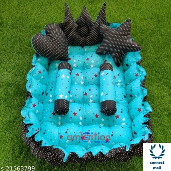 Pink Unique Newborn Baby Round Tub Bedding Set, Reversible Bed Set Cum Mattress with 3 Multi Shape Pillows for Newborn to Toddlers ( Blue& Sky Blue) - Free Size, Bottle Green/ Black, Cotton, Multipack of1, Rectangular